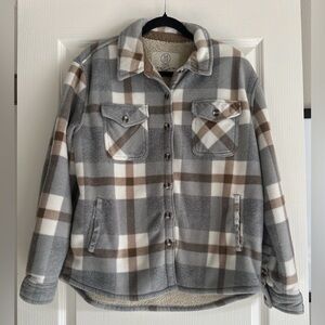 Sage Collective Shirt Jacket Womens M Gray Tan Plaid Sherpa Lined